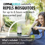 DynaShield branded lifestyle graphic showing device on a table with headline 'repels mosquitoes' and a smiling woman