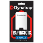 Black retail blister card showing Dynatrap branding and a white glue-card refill with “3 refills” callout