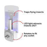 Rendered view of a plug-in Dynatrap unit and glue card with callouts for LED attraction and rotating outlet feature