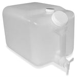 Translucent rectangular plastic water container with angled screw cap and front spigot, E-Z Fill