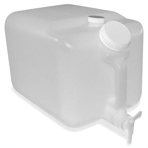 Translucent rectangular plastic water container with angled screw cap and front spigot, E-Z Fill