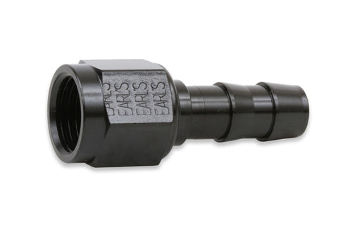 Black Earl's Performance clamp-on hose fitting shown on its side with hex nut detail