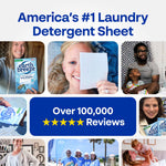 Collage of user photos and testimonials promoting Earth Breeze as 'America's #1 Laundry Detergent Sheet' with review count banner.