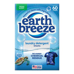 Front-facing Earth Breeze laundry detergent sheets package with ocean bubbles, turtle graphic and 'no harsh chemical residue' text.