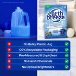 Comparison graphic showing a bulky plastic jug crossed out and Earth Breeze box pictured with checklist of recyclable packaging and no harsh chemicals.