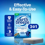 Promotional graphic showing Earth Breeze product box with callouts for tackling stains, fighting odors and protecting colors and a stack of detergent sheets.