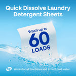 Graphic of a dissolving detergent sheet emerging from water with large text 'Wash up to 60 loads' and product usage note.