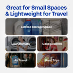 Grid of lifestyle thumbnails illustrating small-space uses like laundromats, dorms, air travel and road trips with Earth Breeze product shown.