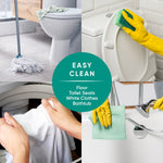 Collage of cleaning scenes - mop, toilet seat, white laundry, bathtub - with a central ‘Easy Clean’ badge