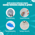 Informational panel with four circles showing limescale, cosmetics, toothpaste and soap scum as surfaces the cleaner removes.