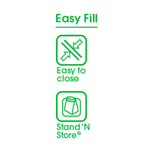 Green icon graphic reading ‘Easy Fill’ with icons and text ‘Easy to close’ and ‘Stand ‘N Store’ on white background