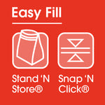 Red infographic panel reading 'Easy Fill' with white icons for 'Stand 'N Store' and 'Snap 'N Click'