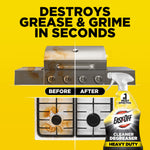 Before-and-after grill and stove burners demonstration with Easy-Off Heavy Duty Cleaner Degreaser bottle on yellow background