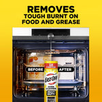 Split before-and-after oven interior with an Easy-Off can centered and bold text about removing tough burnt-on food