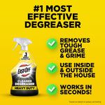Promotional panel with Easy-Off heavy duty degreaser bottle and three benefit checkmarks on a yellow background