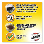 Yellow product panel listing benefits: occasional deep cleaning, deep cleans in 3 min, dissolves tough stains, easy to use with icons