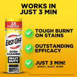Easy-Off Heavy Duty can left of bulleted claims and checkmarks under headline 'Works in Just 3 Min' on yellow background
