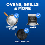 Graphic showing compatible surfaces: stainless steel pan, oven, and grill grate with check marks