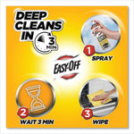 Infographic on yellow background showing three-step use: spray, wait three minutes, then wipe with images and Easy-Off logo
