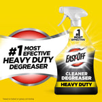 Easy-Off heavy duty degreaser bottle on yellow background with large '#1 Most Effective' badge and brand logo