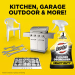 Easy-Off bottle shown with images of a plastic chair, grill, wrenches and stovetop indicating multi-surface use
