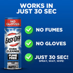 Graphic showing Easy-Off Fume Free can with text highlighting no fumes, no gloves