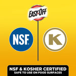 Easy-Off logo above NSF and kosher certification icons on a yellow background with certification text