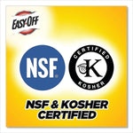 Certification graphic with Easy-Off logo and NSF and Certified Kosher seals on a yellow gradient background