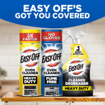 Three Easy-Off products displayed on a countertop: heavy duty, fume free, and degreaser