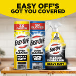 Three Easy-Off products including oven cleaners and a heavy duty degreaser bottle displayed on a countertop