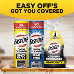 Three Easy-Off products on a kitchen counter: Heavy Duty, Fume Free and a spray degreaser under headline text