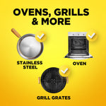 Graphic icons of a stainless steel pan, an oven and grill grates with checkmarks under 'Ovens, Grills & More'