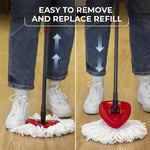 Split image showing feet and a mop being pressed down to remove and replace a triangular microfiber refill on a wood floor