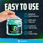 Instructional graphic reading 'EASY TO USE' showing a hand removing seals from a FunkAway bead jar with four numbered steps.
