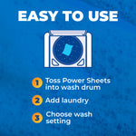 Instruction panel graphic 'Easy to Use' with icon of washing drum and three numbered steps for Power Sheets