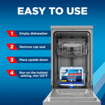 Instructional graphic titled 'Easy to Use' with four numbered steps beside an open dishwasher and an upside-down Finish cleaner bottle positioned inside
