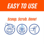 Graphic panel titled “Easy to Use” with three icons illustrating scoop, scrub, and flush steps for toilet cleaning