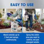 Split lifestyle image showing person using the Roundup wand and jug with 'Easy to Use' header and usage tips