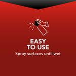 Red graphic with an icon of a hand spraying an aerosol and text stating easy to use, spray surfaces until wet
