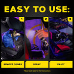 Three-panel step graphic showing remove odors, spray, enjoy with product use images and instructional captions.