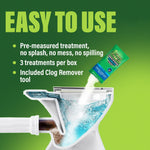 Easy to use panel showing powder being poured into a toilet cross-section and product benefits listed