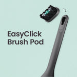 Graphic showing an EasyClick brush pod detaching from a quip toothbrush handle with product name text