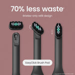 Illustration of three steps inserting an EasyClick brush pod into a quip toothbrush with waste-reduction claim