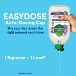 Upside-down Seventh Generation EasyDose lavender bottle being squeezed to show the auto-dosing cap dispensing a drop.