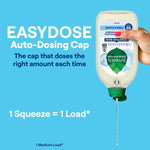 Upside-down Seventh Generation EasyDose bottle being squeezed to show liquid pouring from the auto-dosing cap with claim text about one squeeze per load.