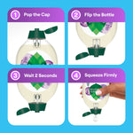 Four-step infographic showing how to pop cap, flip bottle, wait two seconds, and squeeze to dispense Seventh Generation EasyDose detergent.