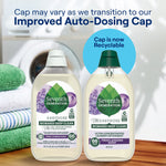 Two Seventh Generation EasyDose lavender detergent bottles shown with laundry in background and callout about improved auto-dosing cap.