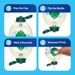 Four-step instructional graphic showing how to pop the cap, flip the bottle, wait two seconds, and squeeze to dispense from a Seventh Generation bottle.
