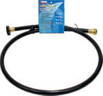 Black drinking hose formed into a circular loop showing brass end fittings and a blue product card