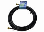 Coiled black drinking-water hose with brass threaded fittings and blue product label attached